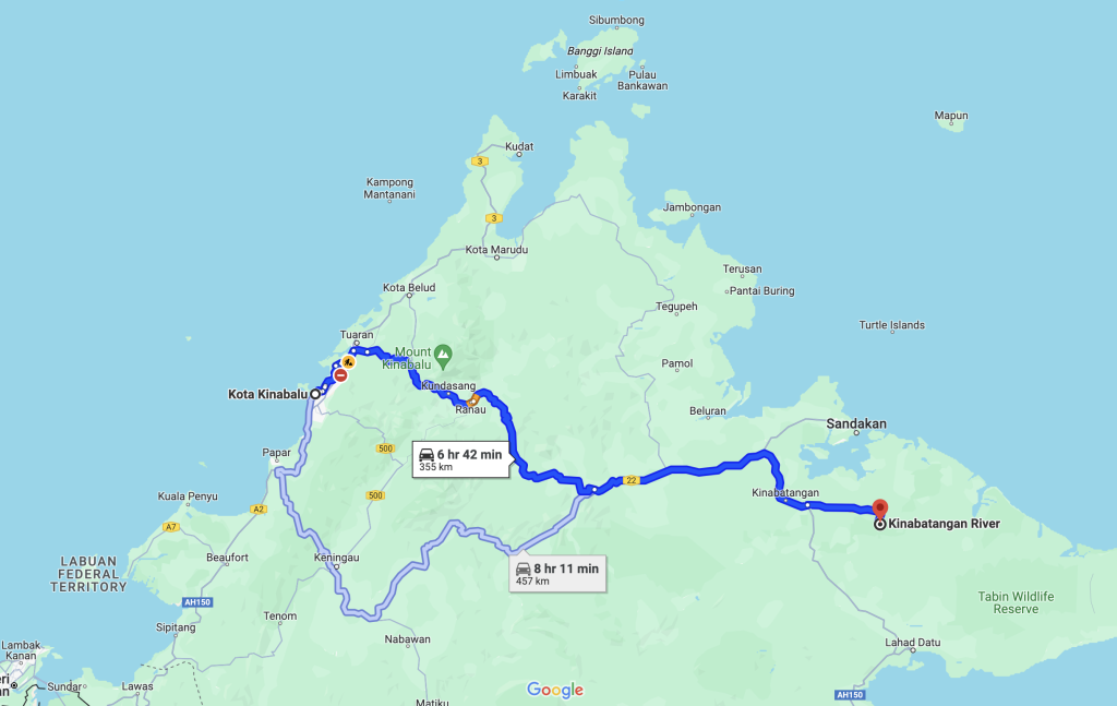 kota kinabalu to kinabatangan river road map from google maps